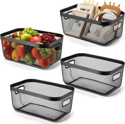 MorningRo 6 Pack Metal Mesh Basket with Hollow Handles Black Wire Storage Bin for Organizing Stackable Metal Fine Mesh Basket for Pantry Bathroom Kitchen Cabinets Shelves (Medium)