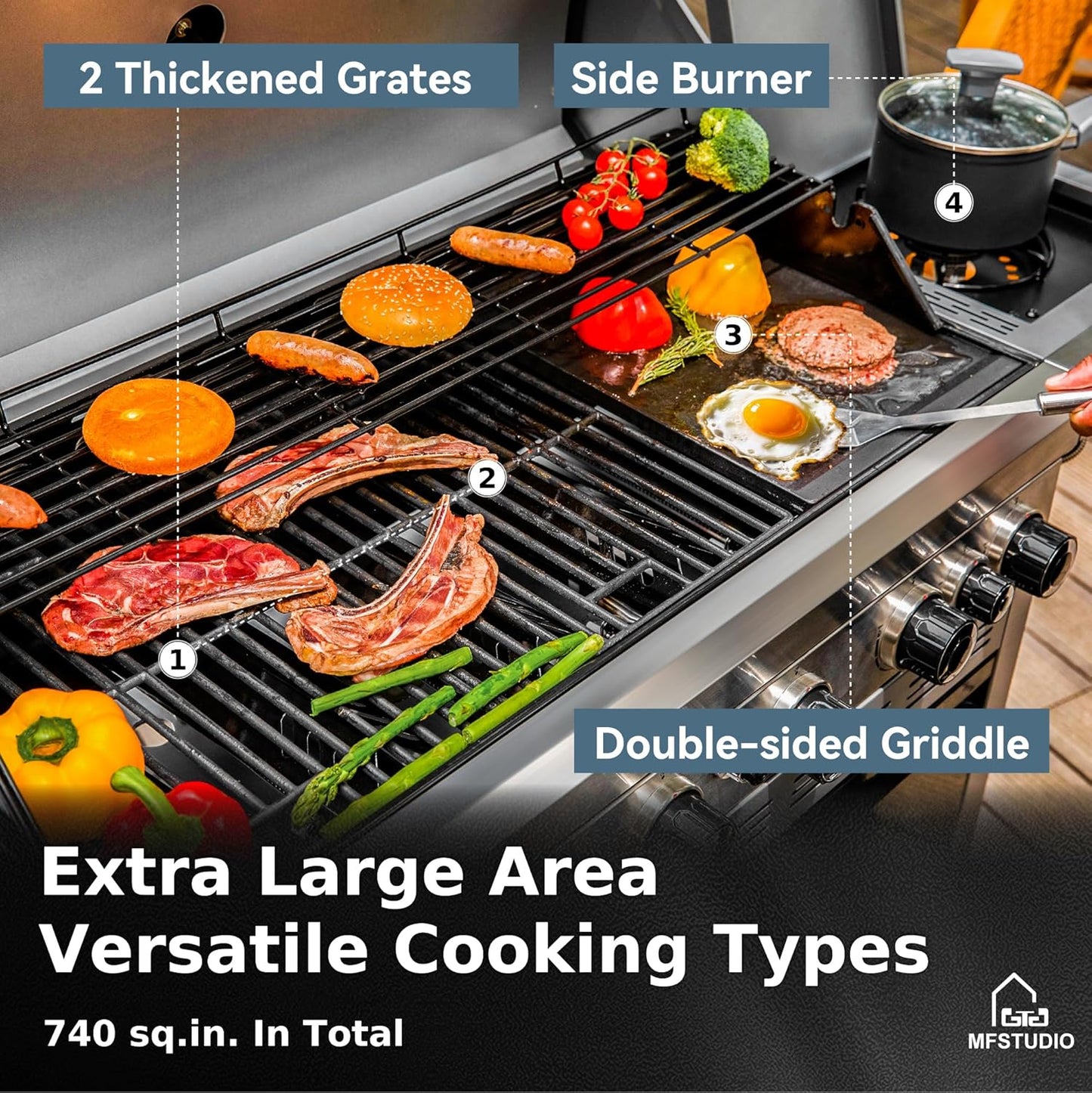 MFSTUDIO 5 Burner Gas Grill Griddle Combo with Porcelain-Enameled Cast Iron Grates,Cutting Board and Double Lids, Duel-Function Propane BBQ Grills with Flat Top Grddle for Outdoor Barbecue Cooking