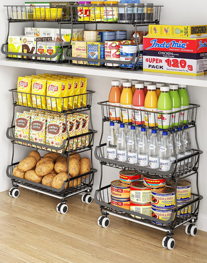 OKZEST 3-Tier Rolling Pantry Floor Organizer and Storage Cart with Wheels, Stackable Wire Pantry Baskets for Pantry Shelves, Kitchen Storage Rack and Fruit Basket Stand for Fruit Snack Onion Potato