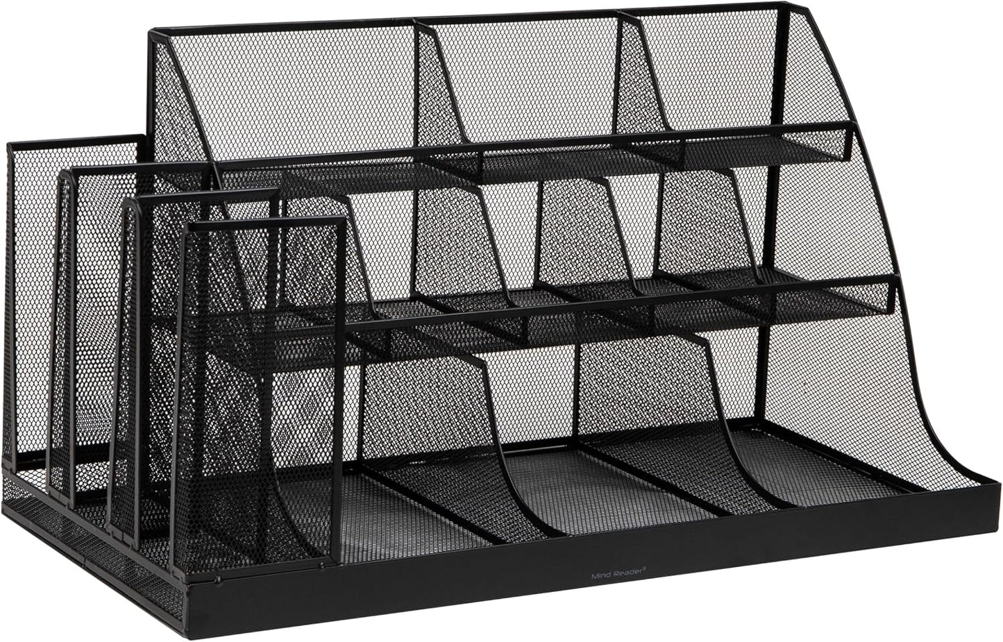 Mind Reader Cup and Condiment Station, Breakroom Countertop Organizer, 3-Tier Storage for Office Coffee Stations and Shared Spaces, Metal Mesh, Black
