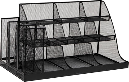 Mind Reader Cup and Condiment Station, Breakroom Countertop Organizer, 3-Tier Storage for Office Coffee Stations and Shared Spaces, Metal Mesh, Black