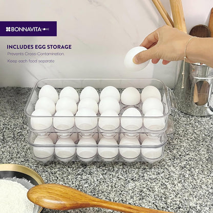 Clear Stackable Storage Containers with Lids BPA-Free Organizer Bins for Refrigerator Pantry Fridge Drawer with Colander and Dividers for Kitchen Food Preservation and Home Organization BPA Free