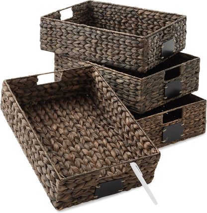 Casafield Set of 4 Water Hyacinth Pantry Baskets, 10" x 13" x 5", with Chalkboard Labels and Chalk Marker - Natural, Woven Storage Bin Organizers for Kitchen Shelves