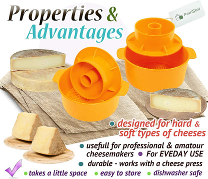 PetriStor 2 pcs Cheesemaking Kit Butter Punched Сheese Mold Press Strainer cheese With Follower Piston 1,2 liters Tofu Press Mold Cheese Making Kit Machine Color yellow
