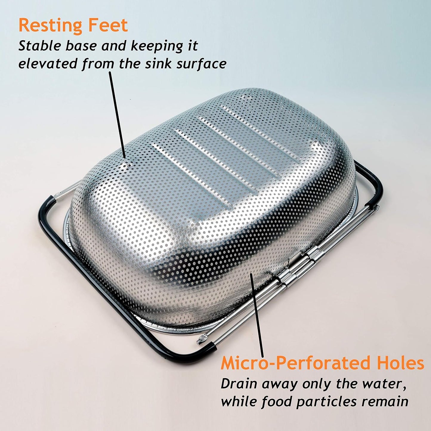 Over the Sink Strainer, Stainless Steel Kitchen Colander with Extendable Arms for Vegetable, Fruits and Pasta (5 quart)