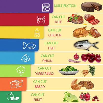 ZVP Plastic Cutting Boards for Kitchen, Flexible Cutting Mats, Colorful Chopping Boards with Food Icon, Non-Slip, Non Porous, BPA Free, Dishwasher Safe Rainbow