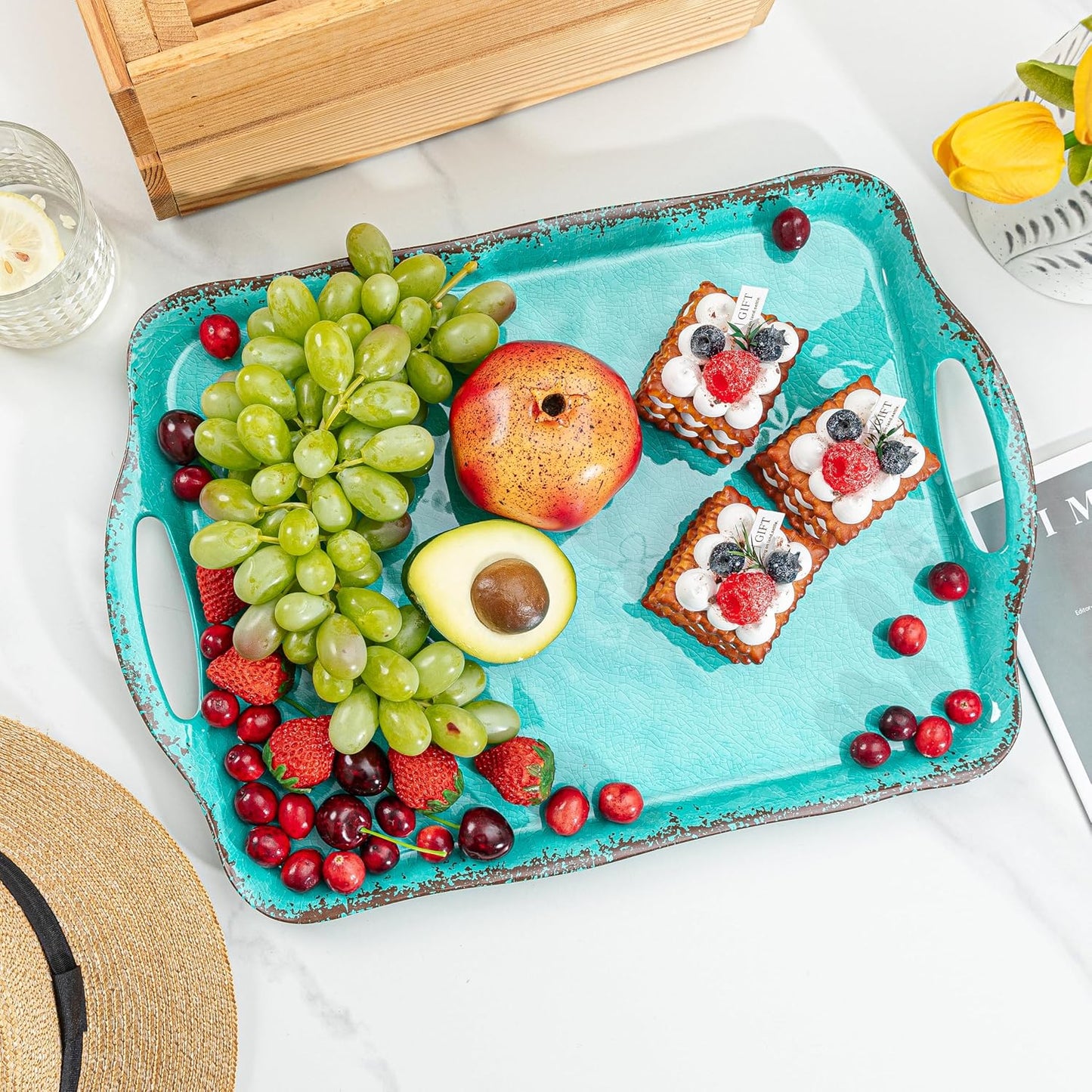 LEHAHA Grilling Prep Trays, Melamine BBQ Prep and Serving Platters and Tray for Outdoor Entertaining, Large Food Serving Trays, Set of 2, 17.2" x 10.5",Great for Grilling Lovers,Black and Red