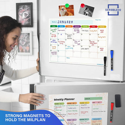 Monthly Planner (Pack of 3) Magnetic Whiteboard Refrigerator Calendar Dry Erase Weekly Planner Magnetic Calendar for Fridge to Do List White Board Dry Erase Shopping Grocery List 6 Markers Included