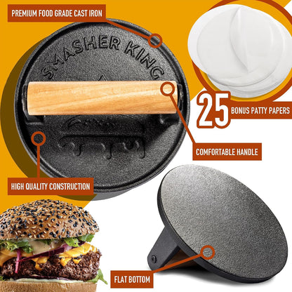 Premium Cast Iron Smash Burger Press incl. 25 Patty Paper