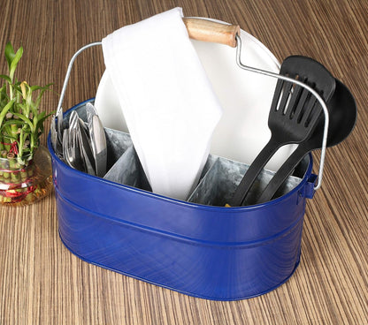 Alpha Living Home Galvanized Metal Utensil Caddy - Rustic Farmhouse Organizer Metal Garden Caddy with 4 Compartments and Wooden Handle for Kitchen, Buffet & Outdoor Events (Silver)