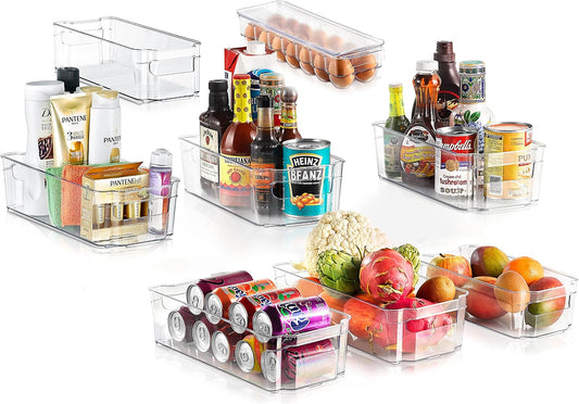 NutriChef 8-Piece Refrigerator Storage Bins - Stackable Fridge Organizers for Freezer, Kitchen, Countertops, Cabinets, & Pantry - 4 Wide & 4 Narrow Bins w/Egg Holder - Dishwasher Safe, Clear