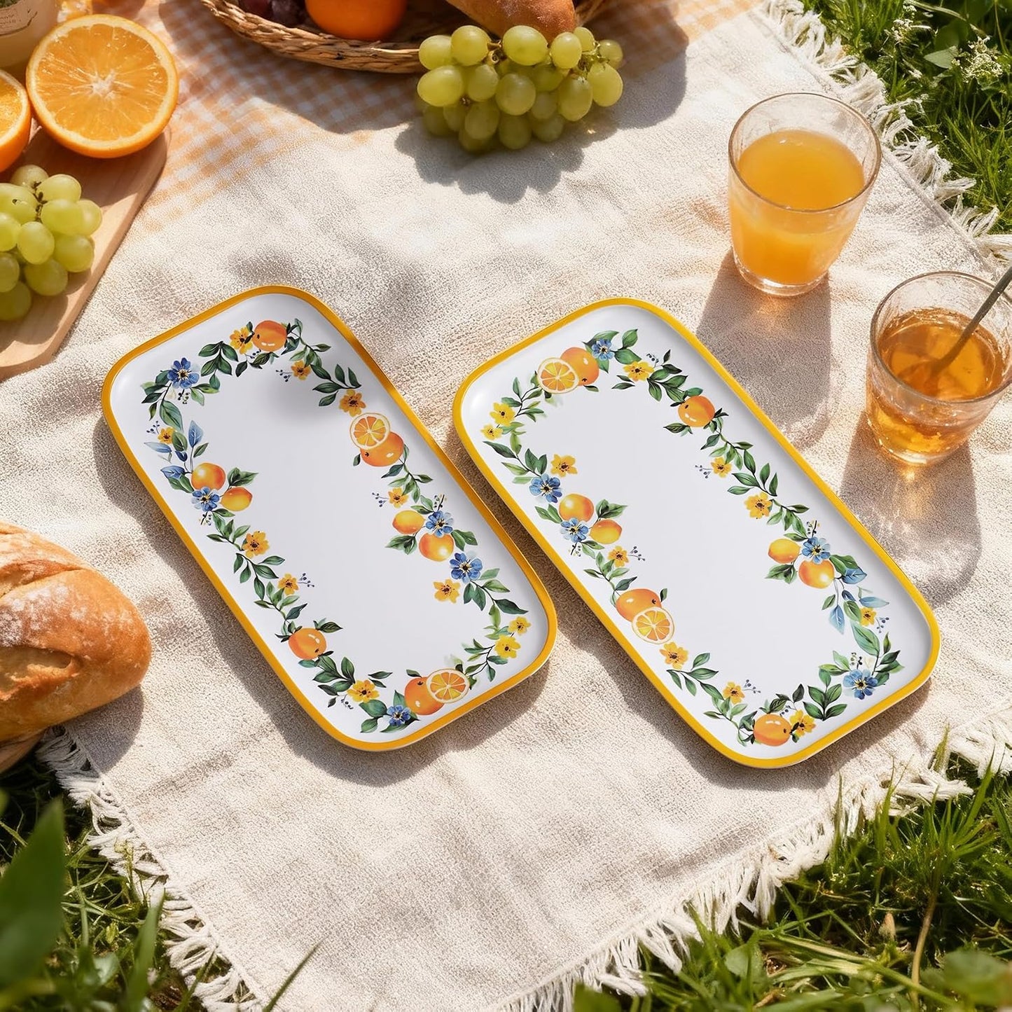2 pcs Melamine Tray Set with Strawberry Design, 19 Inch and 14.5 Inch Large Serving Plates, Unbreakable Dinnerware for RV, Camping, Party, Easy Clean