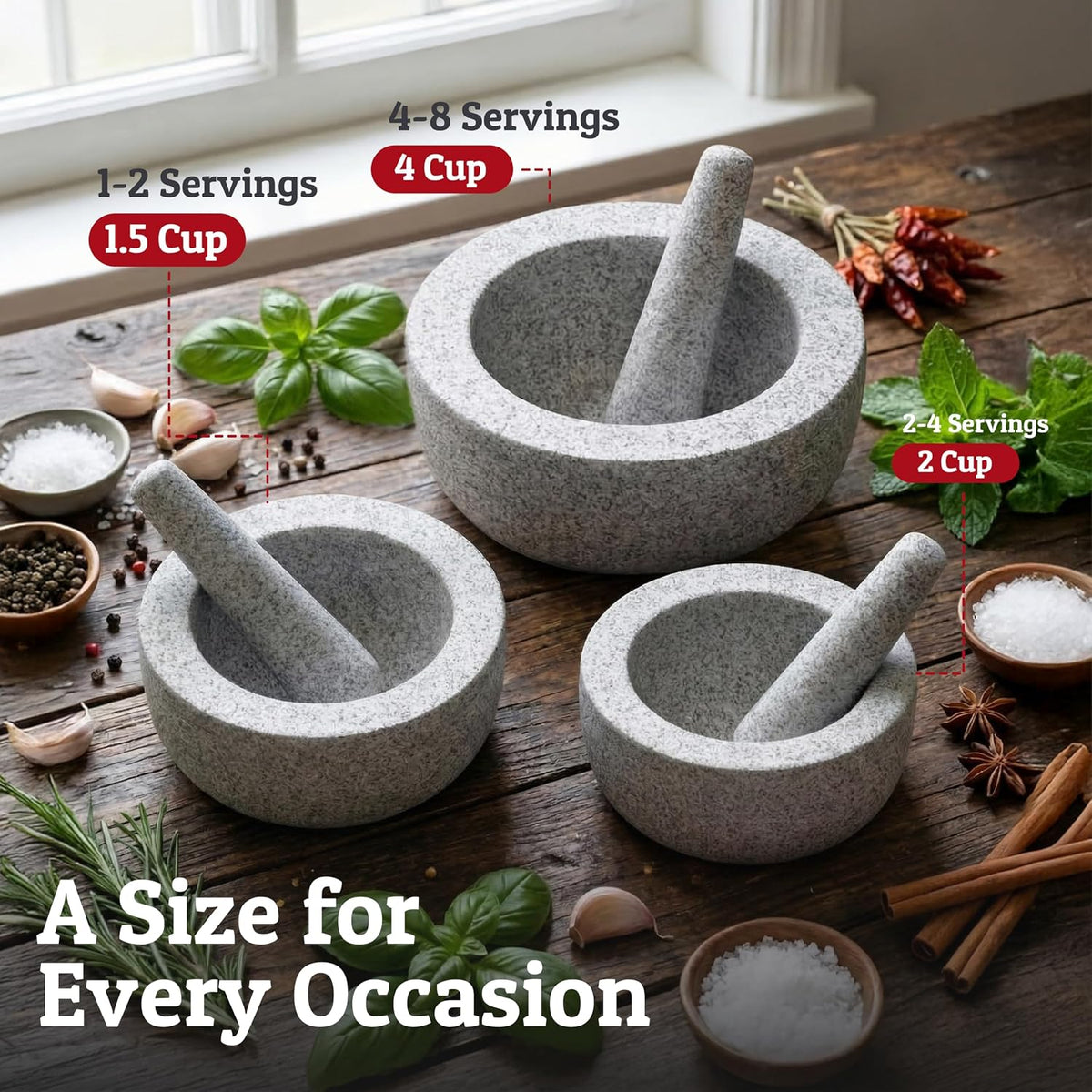 Priority Chef Heavy Duty Large 1.5 Cup Mortar and Pestle Set, 100% Natural Granite, 5.5 Inch Diameter Bowl, 6.2 Inch Pestle, Non-Slip Base, Stone Grinder for Guacamole Salsa Pesto Herbs Spices, Black
