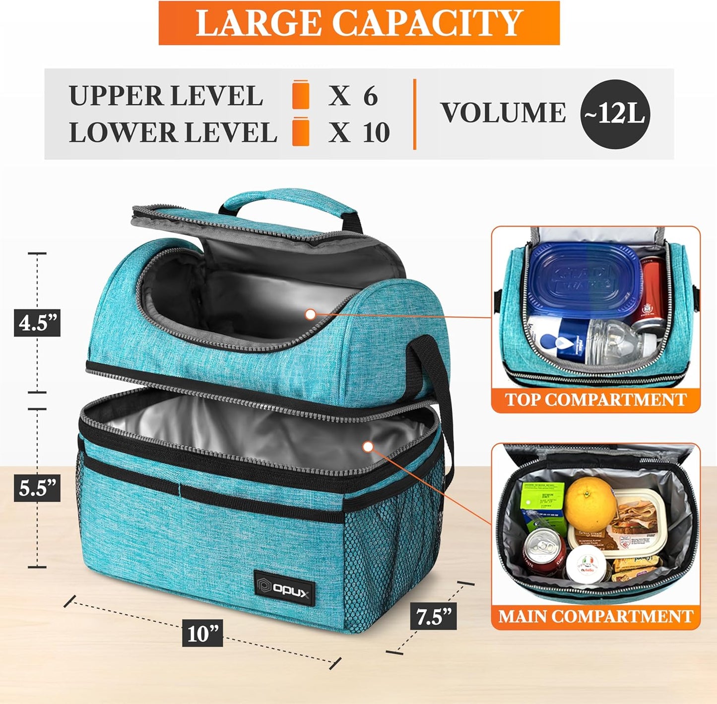 opux Insulated Lunch Bag for Men Women, Double Decker Leakproof Lunch Box Cooler Tote with Shoulder Strap, Large Lunchbox for Work School Travel Meal Prep, Adults Kids Boys Girls, Green, 16 Cans