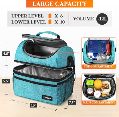 opux Insulated Lunch Bag for Men Women, Double Decker Leakproof Lunch Box Cooler Tote with Shoulder Strap, Large Lunchbox for Work School Travel Meal Prep, Adults Kids Boys Girls, Green, 16 Cans