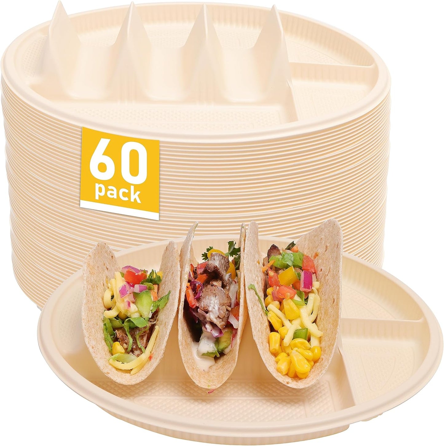 Small Disposable Taco Plates With Dipping Sides - 50 Pack, Biodegradable Cornstarch Taco Holder, Mini Size Fit 4-6 Inch Street Tortilla Shells, Sturdy & Microwave Safe, Bar Serving Set For A Party