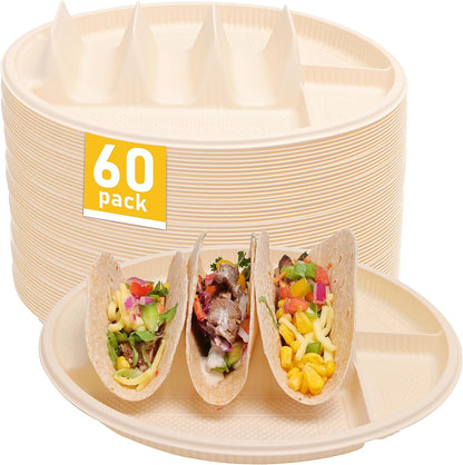 Small Disposable Taco Plates With Dipping Sides - 50 Pack, Biodegradable Cornstarch Taco Holder, Mini Size Fit 4-6 Inch Street Tortilla Shells, Sturdy & Microwave Safe, Bar Serving Set For A Party