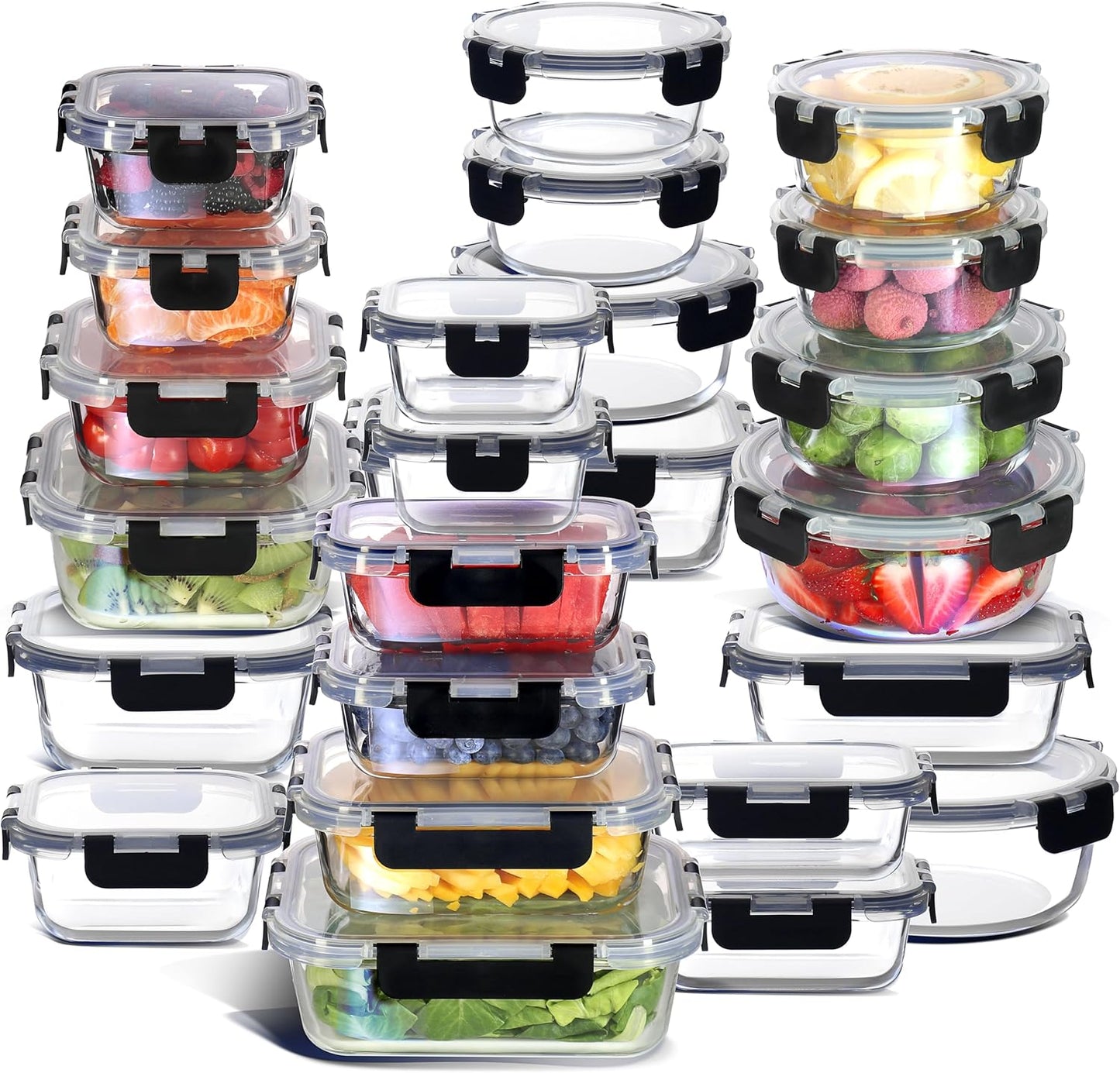 Nestl 24pc (12 Airtight, Freezer Safe Food Storage Containers and 12 Lids), Pantry Kitchen Storage Containers, Glass Meal Prep Container for Lunch, Glass Storage Containers with Lids Black