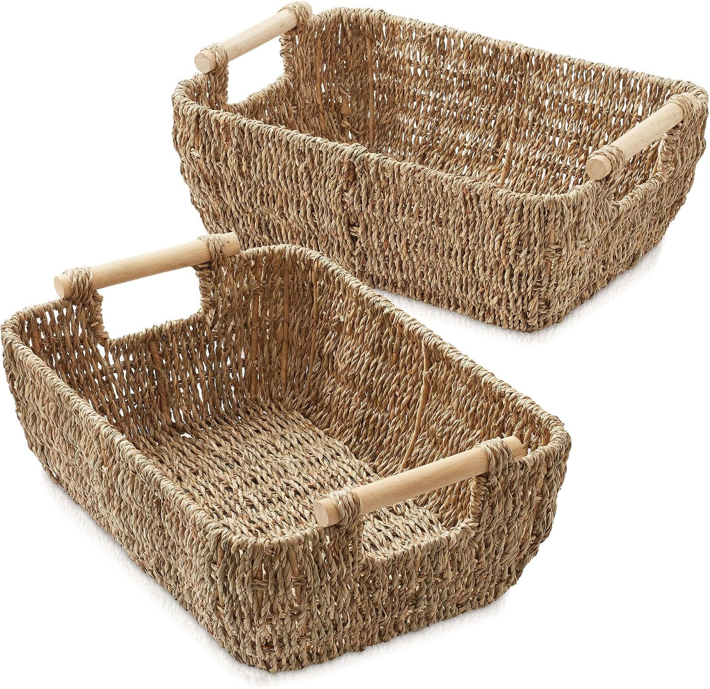 Casafield Set of 2 Water Hyacinth Oval Storage Baskets with Wooden Handles - Medium, Woven Bin Organizers