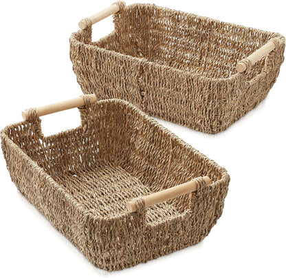 Casafield Set of 2 Water Hyacinth Oval Storage Baskets with Wooden Handles - Medium, Woven Bin Organizers