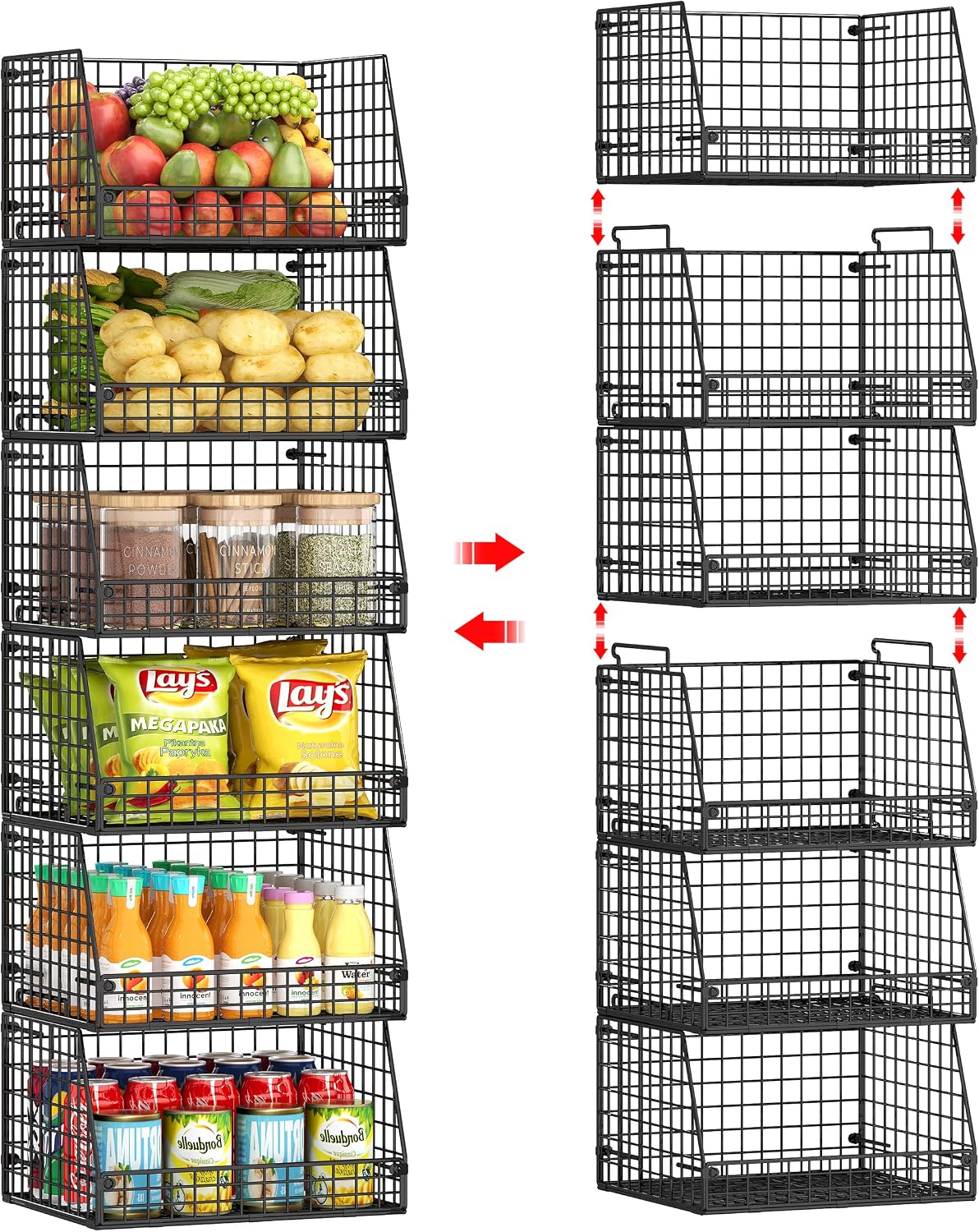Jakyitvi 4 Pack XXL Stackable Wire Storage Basket, Extra Large Capacity Pantry Organizer and Storage, Muti-Purpose for Vegetable Fruit Basket & Can Organizer & Snack Rack & Metal Pantry Bin