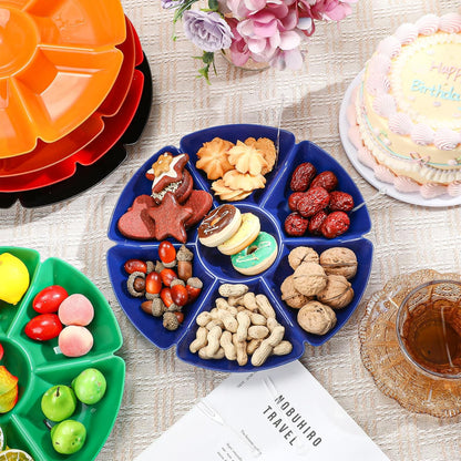 Zhehao 6 Pcs Plastic Divided Serving Trays with 60 Pcs Disposable Fork, 7 Compartments Round Chip Dip Plate, Petal Shape Platter, 10.6'' Snacks Serving Dish for Party Candy Nuts Fruits (Vibrant Color)