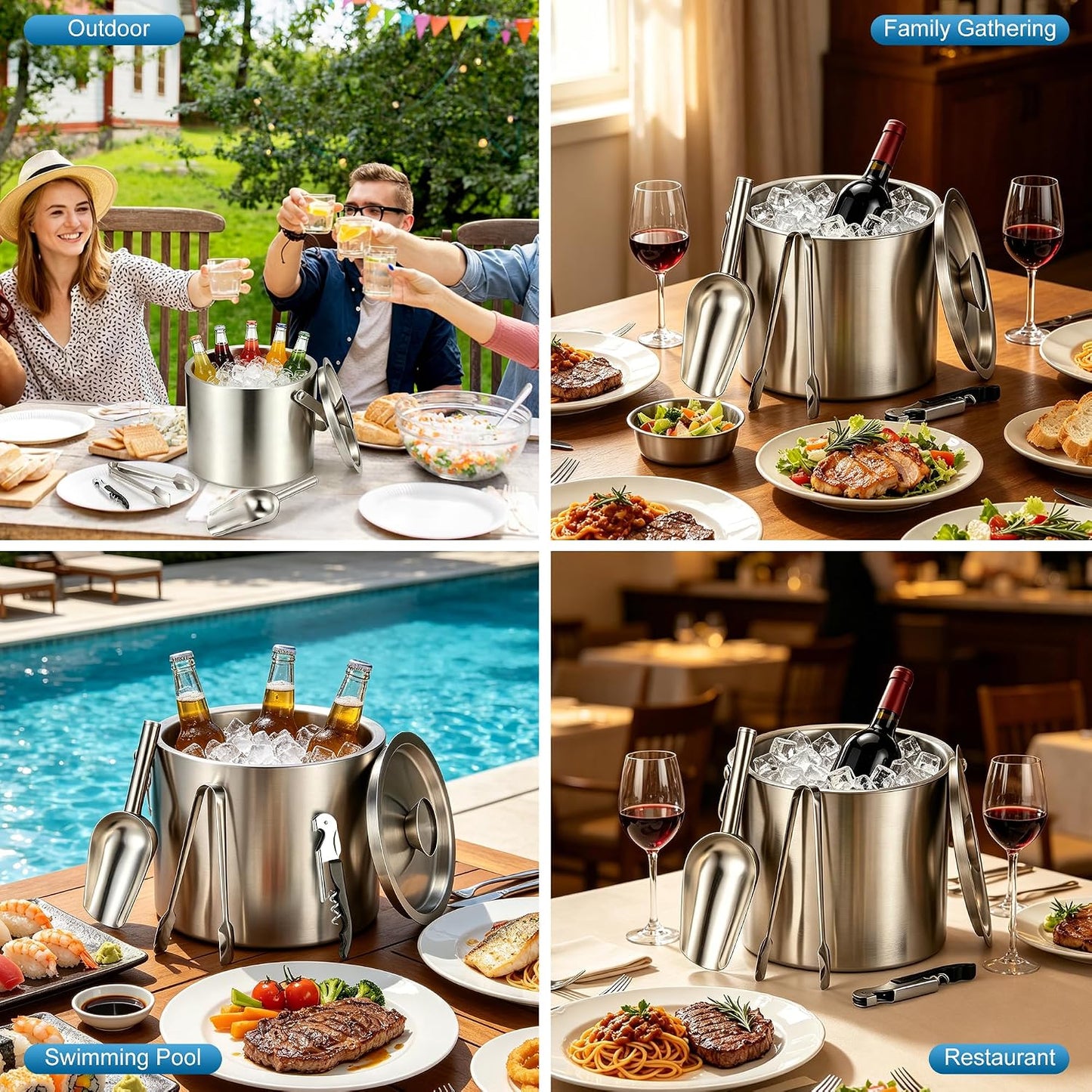 Kochorie 4L Portable Ice Buckets for Parties Double Wall Stainless Steel Ice Bucket with Lid, Scoop, Tongs, Bottle Opener Drink Vacuum Insulated Container for Freezer Cocktail Home Bar Accessories