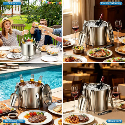 Kochorie 4L Portable Ice Buckets for Parties Double Wall Stainless Steel Ice Bucket with Lid, Scoop, Tongs, Bottle Opener Drink Vacuum Insulated Container for Freezer Cocktail Home Bar Accessories
