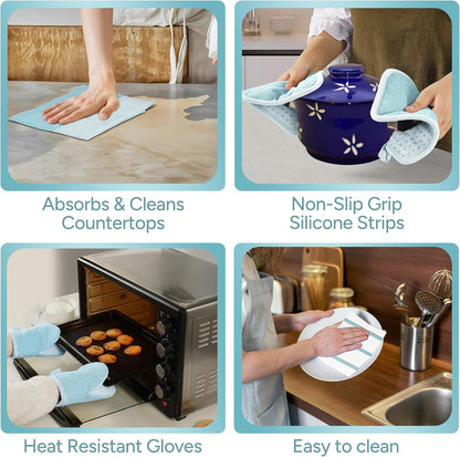 Casa Platino Potholders for Kitchens, 8-Piece – 500°F Heat Resistant Oven Mitts and Pot Holders, Mini Oven Mitt with Silicone Grip, 2 Kitchen Towels & 2 Dish Cloths – Durable & Non-Slip – Canyon Rose