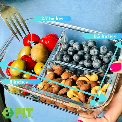 FIT Strong & Healthy 2 and 3 Compartment Glass Meal Prep Containers – Glass Bento Box for Adults, Portion Control, Food Storage, Lunch Container, Oven & Freezer Safe, Leak-Proof, 32 oz, Gray, 4 Pack