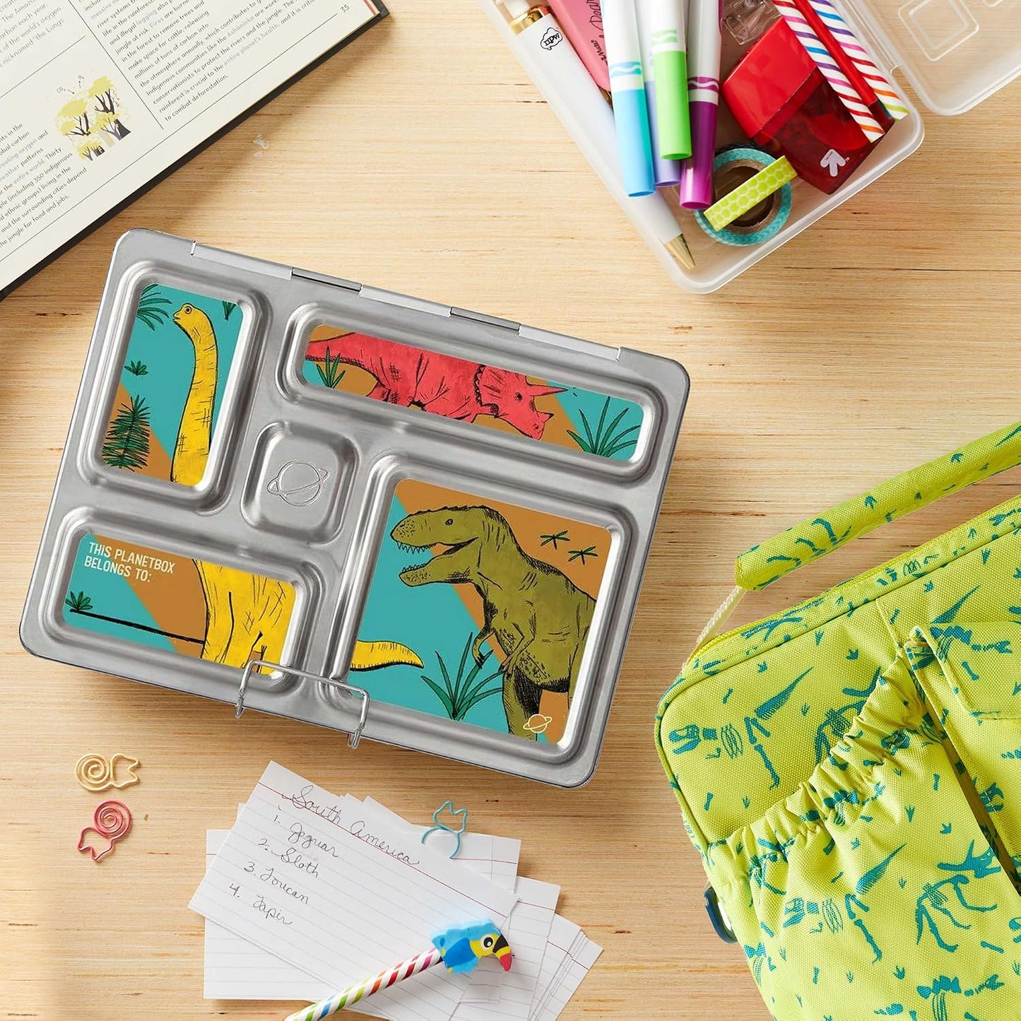 PlanetBox Rover Stainless Steel Bento Box Style Lunch Box Kit for Kids with 5 Compartments – Space Animals Edition includes Insulated Lunch Bag, Leakproof Food Containers and Matching Magnets