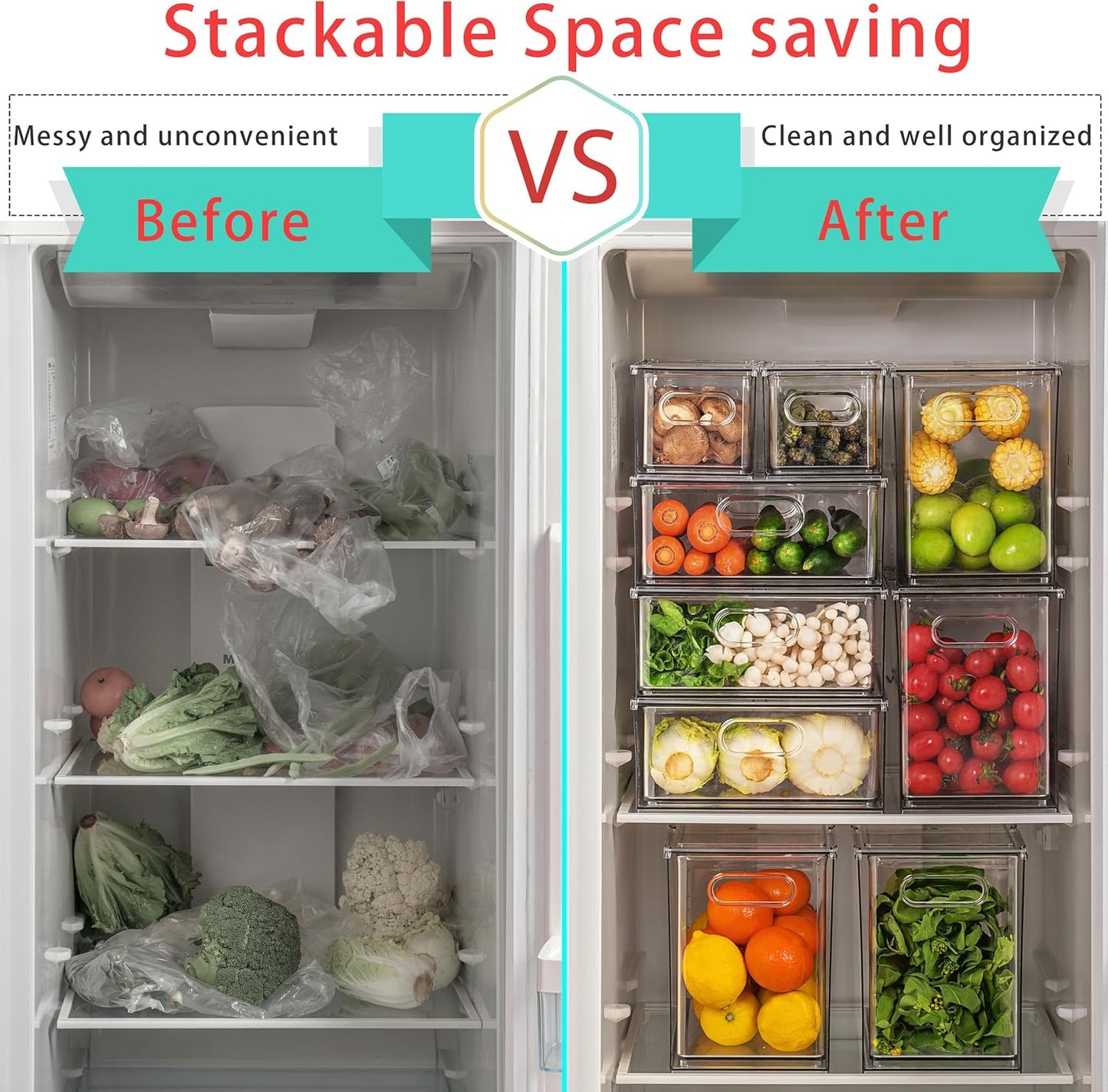 4Pack Stackable Refrigerator Organizer Bins Pull Out Drawer Large Vegetable Fruit Storage for Fridge Organizer Drawers with Handle Clear Food Storage Container Box for Kitchen Pantry Cabinet