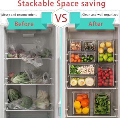 4Pack Stackable Refrigerator Organizer Bins Pull Out Drawer Large Vegetable Fruit Storage for Fridge Organizer Drawers with Handle Clear Food Storage Container Box for Kitchen Pantry Cabinet