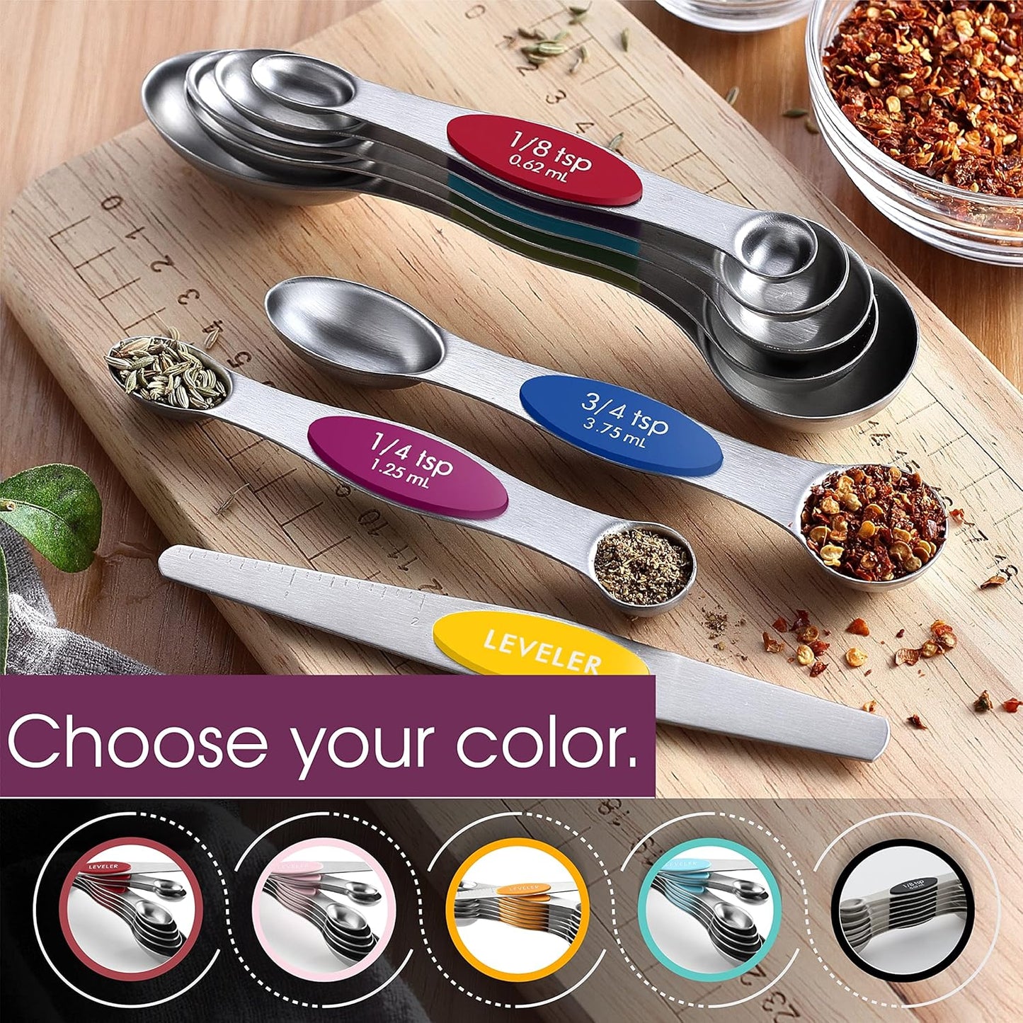 Spring Chef Stainless Steel Magnetic Measuring Spoons Set with Strong N45 Magnets, Heavy Duty Metal Kitchen Gadgets for Baking & Cooking, Fits in Most Kitchen Spice Jars, Set of 8 with Leveler, Black