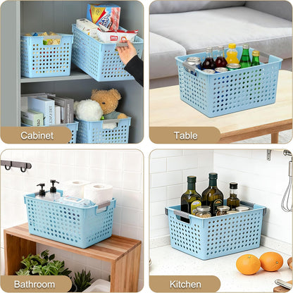 Soddeph 4 Pack Plastic Deep Storage Basket with Handles, Cubbies Organizer Bins with Hollow Design for Under Counter, Closet, Kitchen or Bathroom 12.3" × 8.7" × 6.9"(White, Medium)