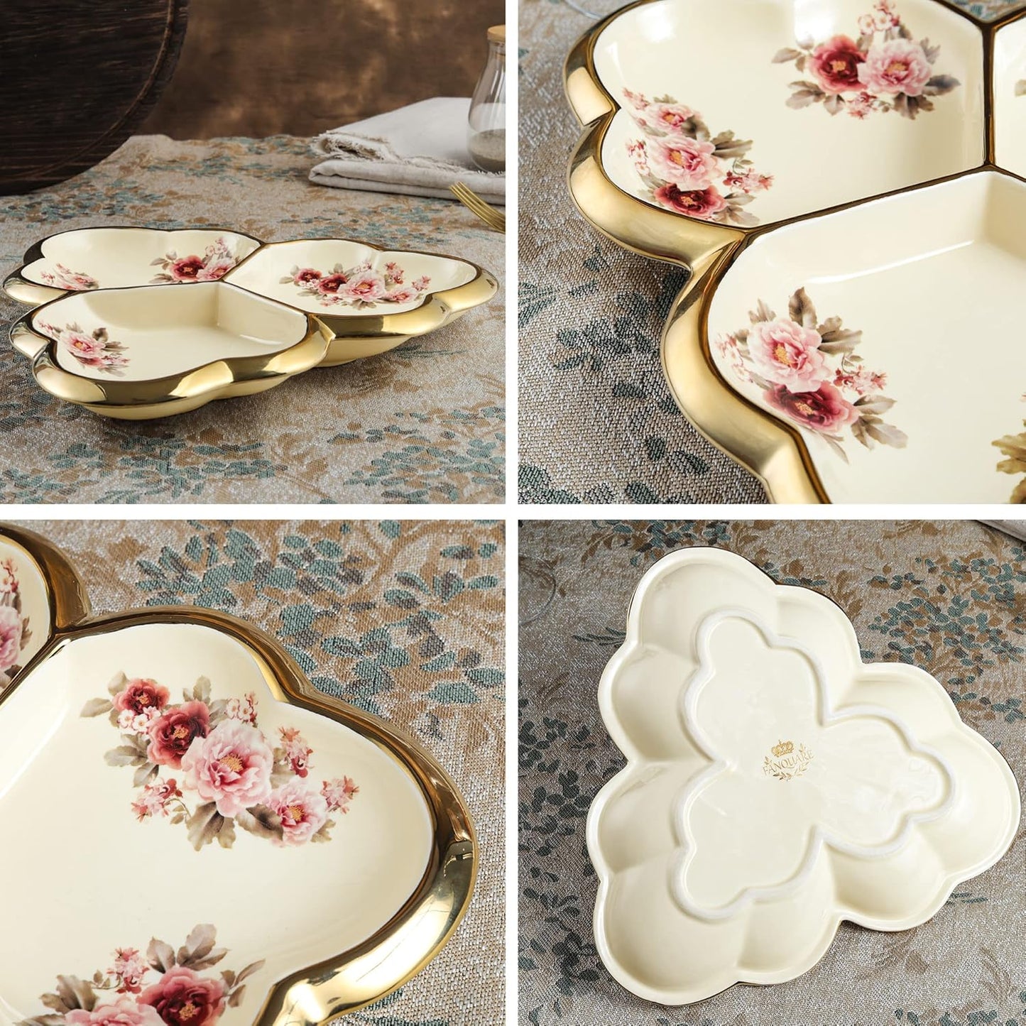 fanquare 3 Compartment Platter, Gold Porcelain Appetizer Serving Tray, Floral Ceramic Divided Serving Plate for Fruit, Candy, Nuts