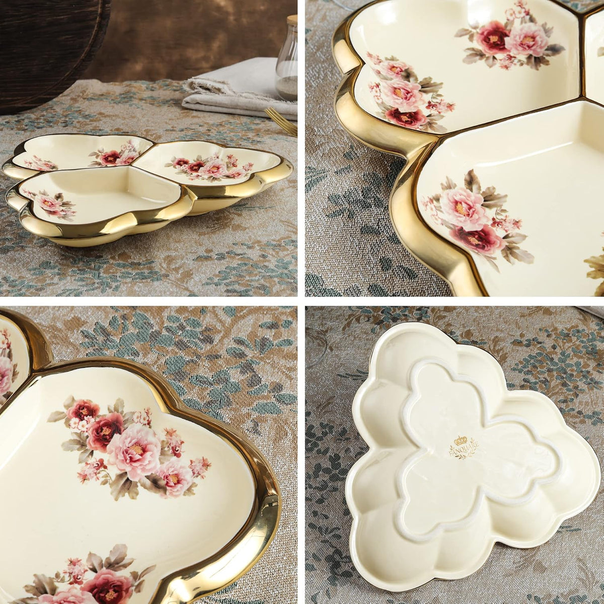 fanquare 3 Compartment Gold Floral Porcelain Platter