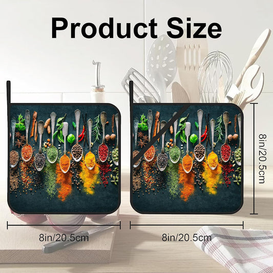 Colourful Various Herbs Pot Holders Set of 2 Heat Resistant & Non Slip Potholders, Spices for Cooking Oven Hot Pads for Kitchen Cooking Baking Barbecue