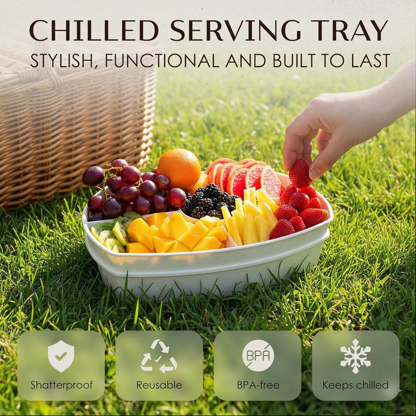 Chilled Serving Tray with Lid 15" - 3-Tier Ice Party Platter with 4 Compartments, Ice Tray, BPA-Free Melamine, Dishwasher & Freezer Safe for Fruits & Vegetables - Cutting Board Included