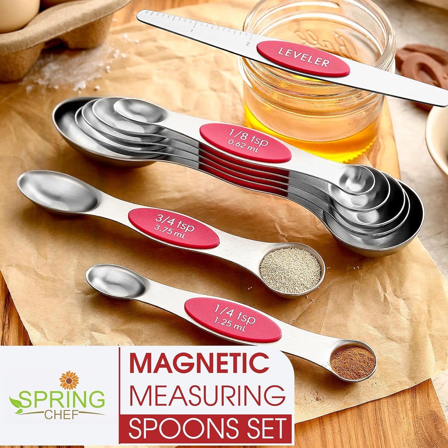 Spring Chef Stainless Steel Magnetic Measuring Spoons Set with Strong N45 Magnets, Heavy Duty Metal Kitchen Gadgets for Baking & Cooking, Fits in Most Kitchen Spice Jars, Set of 8 with Leveler, Black