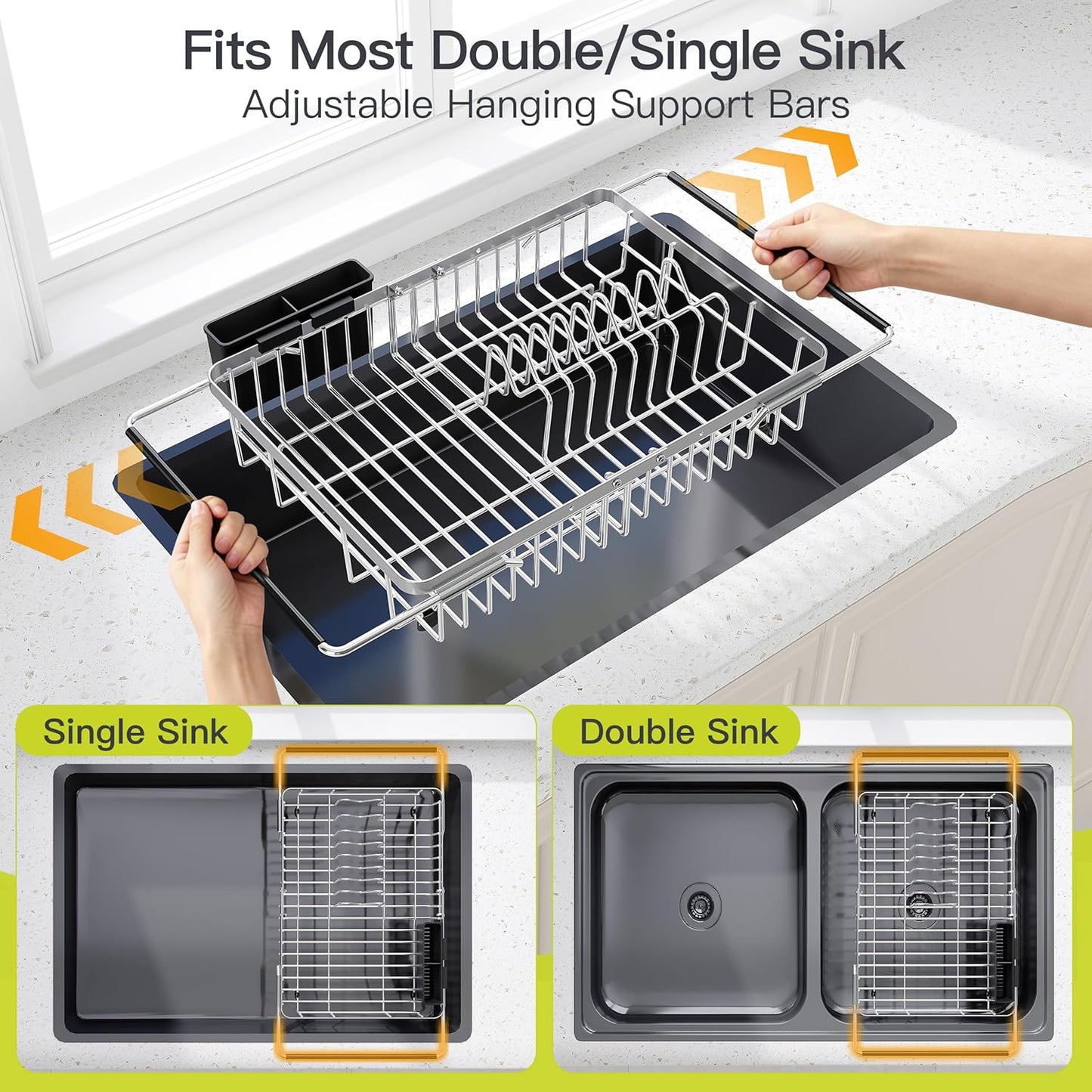 JASIWAY Dish Drying Rack in Sink, Expandable Stainless Steel Dish Drainers for Kitchen Counter, Dish Dryer Rack for Inside Sink, Over The Sink Dish Racks with Utensil Holder, Silver