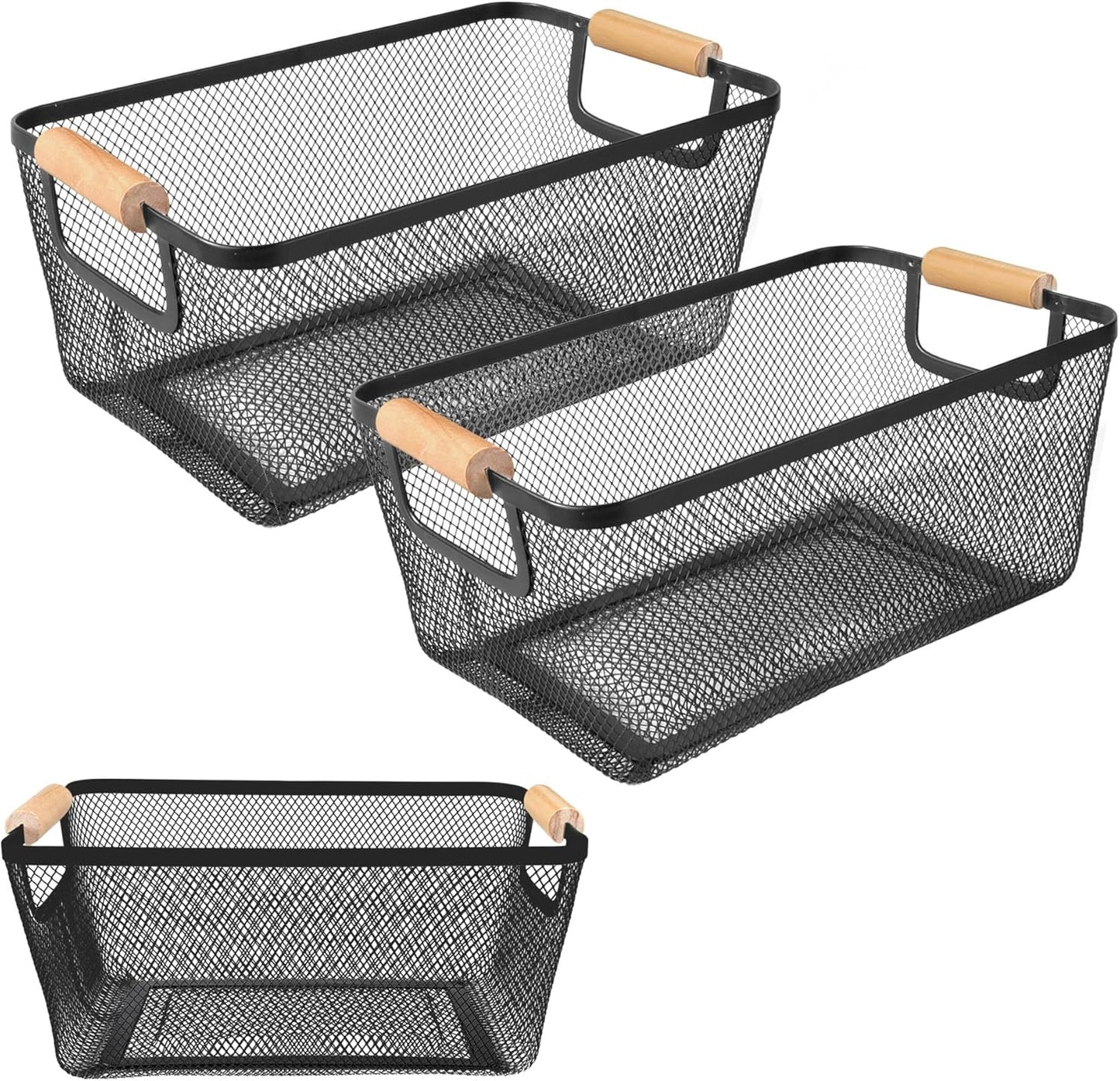2 Pack 12" Wide Metal Mesh Baskets with Bamboo Handles for Pantry Organization | Wire Storage Bins for Kitchen, Cabinet, Fruit & Snacks | Decorative Farmhouse Style Organizer
