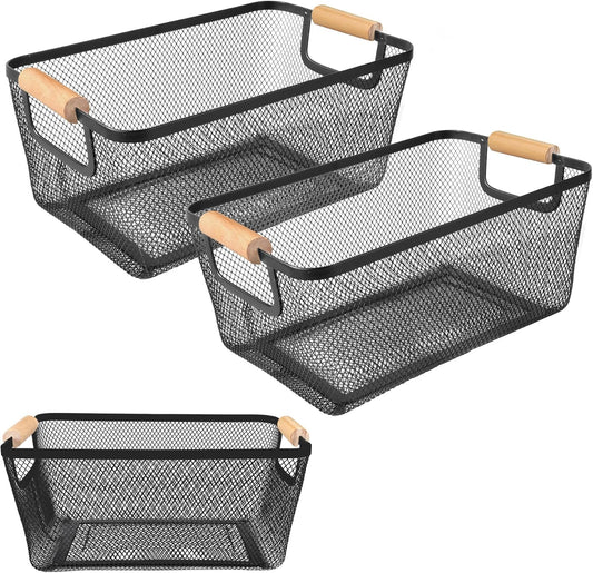 2 Pack 12" Wide Metal Mesh Baskets with Bamboo Handles for Pantry Organization | Wire Storage Bins for Kitchen, Cabinet, Fruit & Snacks | Decorative Farmhouse Style Organizer