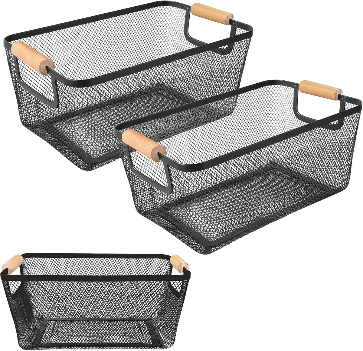 2Pack Metal Mesh Steel Basket with Bamboo Handle - Wire Metal Basket for Kitchen Organization, 12" Wide Food Organizer Bin, Perfect for Organizing Bulk Pantry (WHITE)