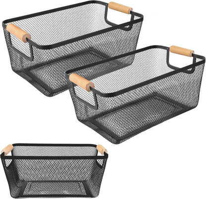 2Pack Metal Mesh Steel Basket with Bamboo Handle - Wire Metal Basket for Kitchen Organization, 12" Wide Food Organizer Bin, Perfect for Organizing Bulk Pantry (WHITE)