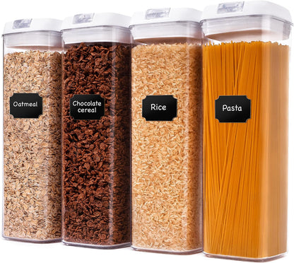 Cheer Collection One Size Airtight Food Storage Containers - Set of 4 IDENTICAL 65 oz Pantry Organizer Bins plus Marker and Labels - Black Lids