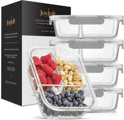 JoyJolt Divided 3 Compartment Glass Meal Prep Bento Box Set. 5 Pack Airtight Food Storage Containers with Lids for Portion Control and Weight Loss