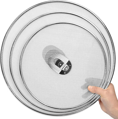 Splatter Screen for Frying Pan 13" 11.5" 9.8" Stainless Steel Fine Mesh Grease Splatter Guard with Comfort Silicone Handles and Resting Feet for Prevent Oil Splatter Safe Cooking