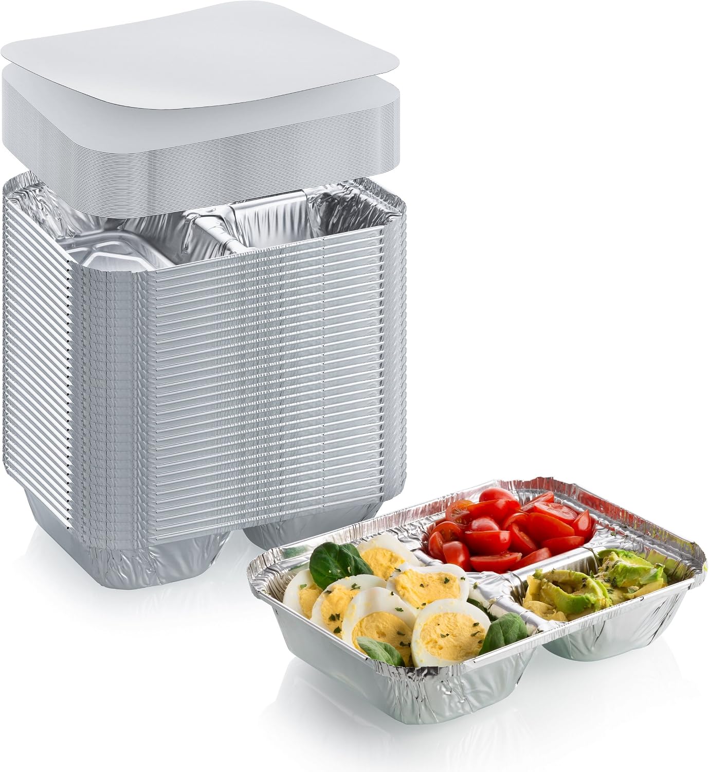 DCS Deals Disposable Aluminum Dinner Tray with Paper Lids – 3 Compartment Foil Pan – Perfect for On the Go Lunches, Leftovers, TV Plate or Takeout Convenient Airline Food Tray (25)