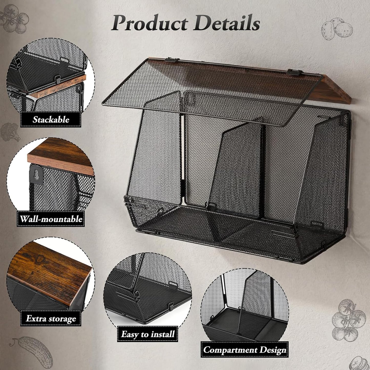 Teenyyou 2 Pcs Stackable Mesh Fruit Basket with Lid Wall Produce Vegetable Storage Basket Onion Potato Hanging Metal Wire Container for Kitchen Counter Pantry(Non-removable,Black,8.3" w & 13.8" l)
